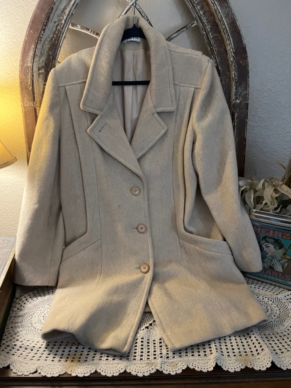 Herman Kay Vintage Wool Coat, Cream Color, Size Large